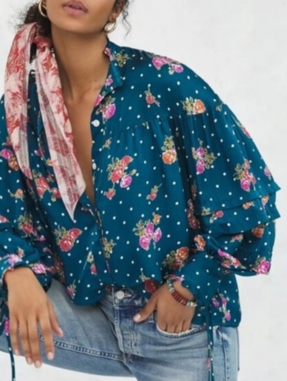 Anthropologie Pilcro Wellesley Floral Polka Dot Balloon Sleeve Blouse EUC Medium